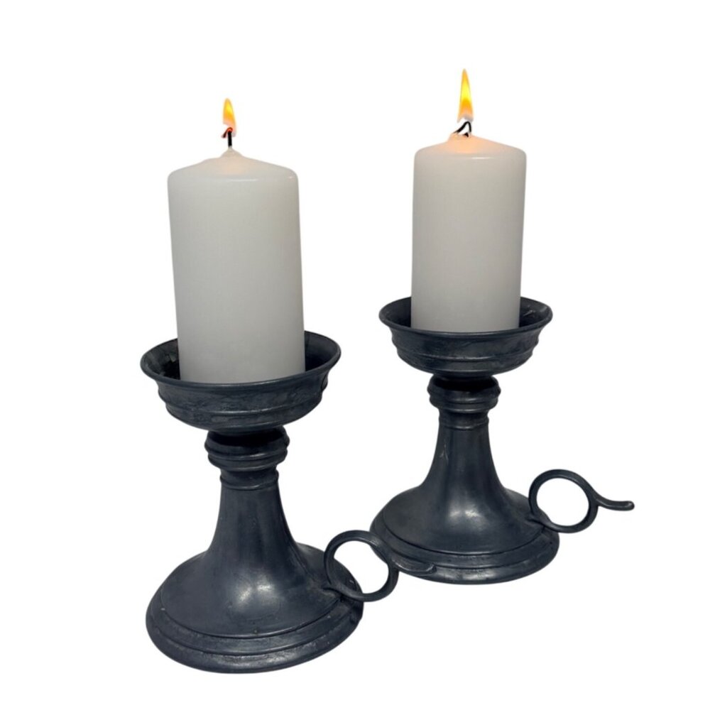 Vintage / Antique‎ European Pewter Candlesticks Pair Finger Handle 4.5” Tall
